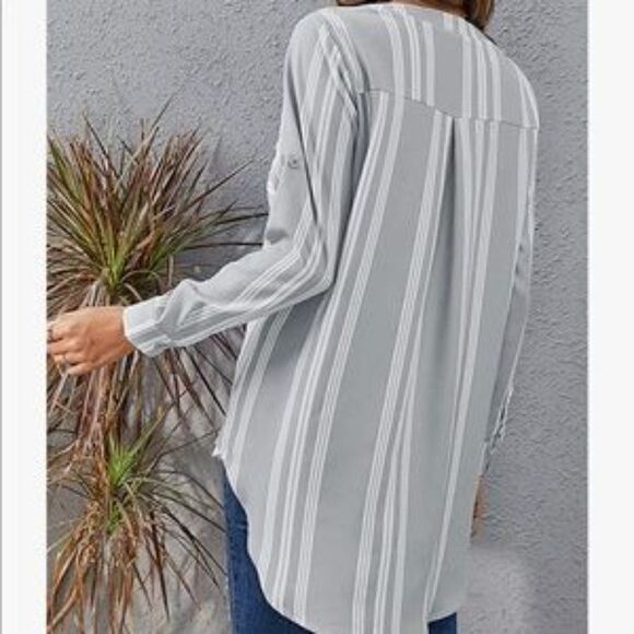 New V Neck Striped Roll Sleeves Button Down Shirt - Picture 6 of 7